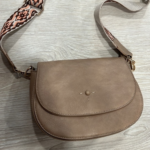 Tan Crossbody Bag with Patterned Strap - Picture 2 of 5